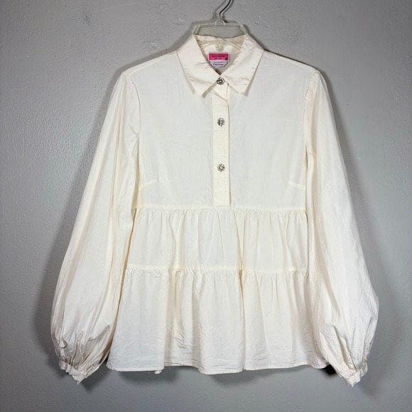 kate spade Tops - Kate Spade Cream Silk Cotton Tiered Babydoll Blouse Crystal Flower Button K6359